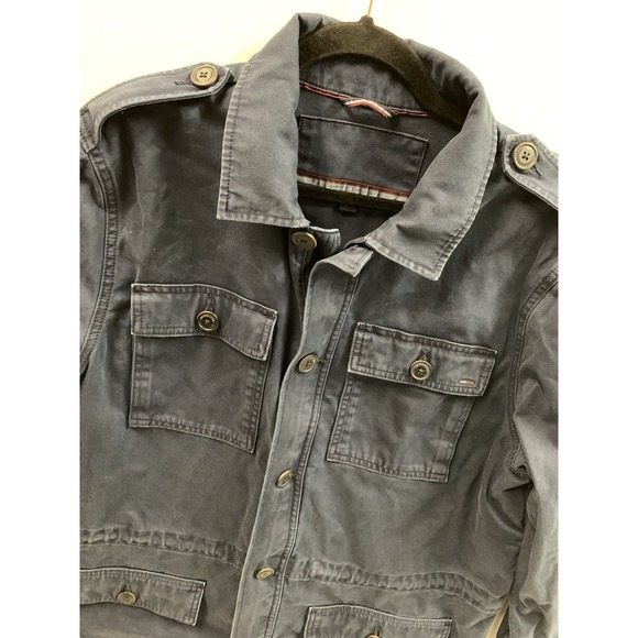 VTG Y2K Utility Jacket Large Tommy Hillfiger Navy Button & Drawstring MILITARY - Picture 3 of 12